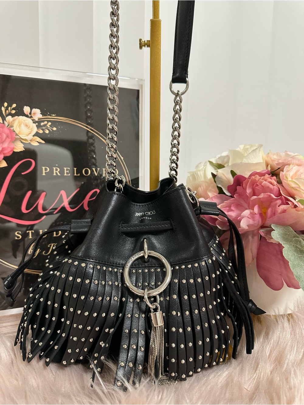 AuthenticJimmy Choo Black Leather Callie Fringe Studded Mini Bucket
Crossbody